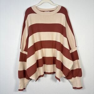 MoCo Boutique Boho Neutral Striped Oversized Chunky Knit Rib Crewneck Sweater
